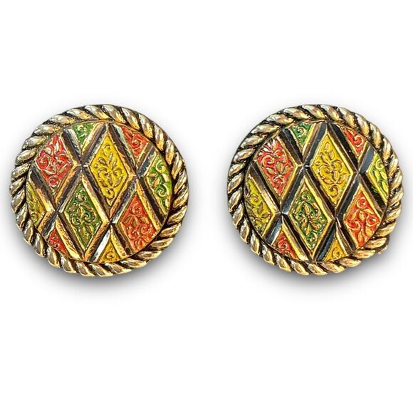 Vintage Sarah Coventry Mosiac Round Diamond Pattern Clip On Earrings Marked Sara - Picture 1 of 7